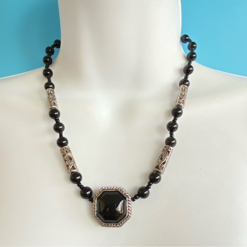 Black Onyx Statement Necklace With Beads Silver Tone Filagree Accents